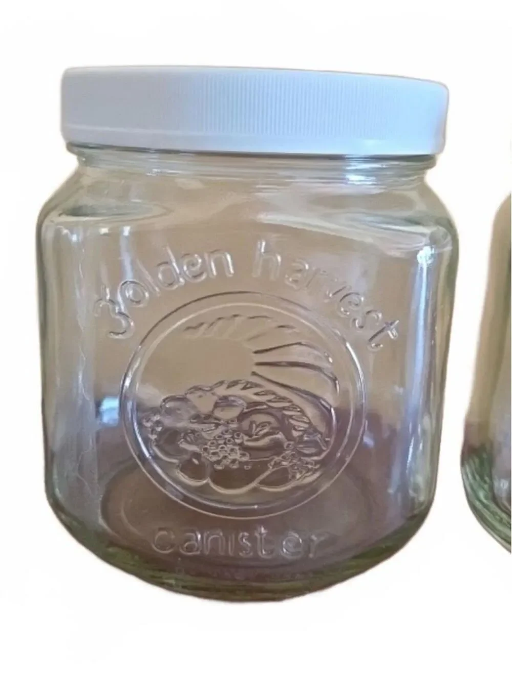 2 Vintage Golden Harvest Glass Canister Jars With White Lids